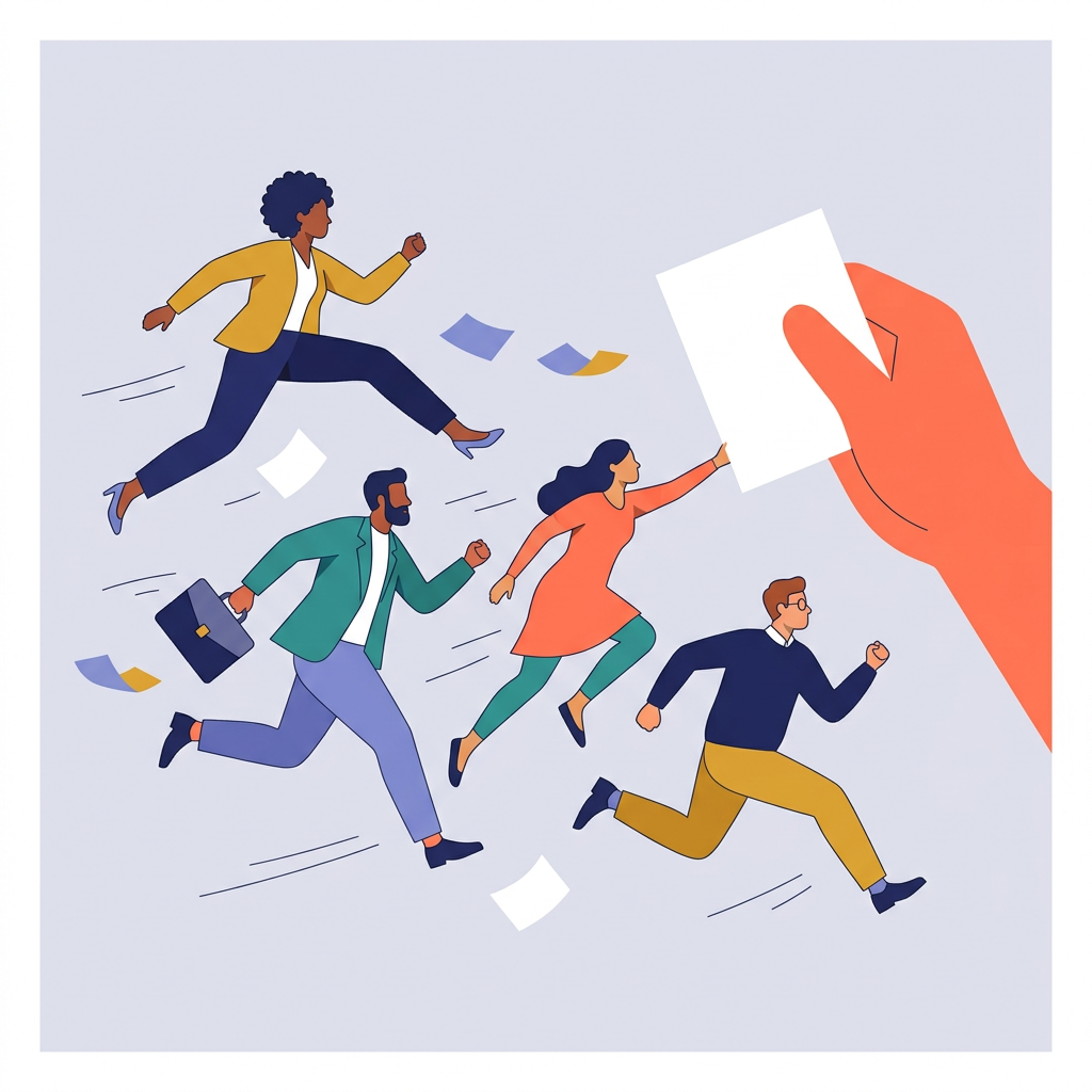 Illustration of four job seekers running toward a large orange hand holding a single sheet of paper