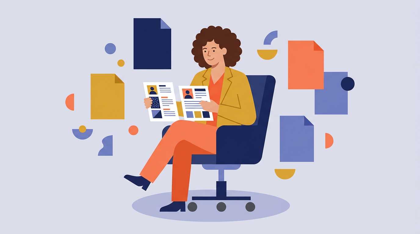 Illustration of a person in an office chair holding two printed documents, with paper sheets floating around them